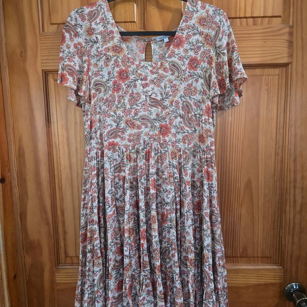 Patrons of Peace Mustard Paisley Floral Tiered Babydoll Mini Dress Size Small